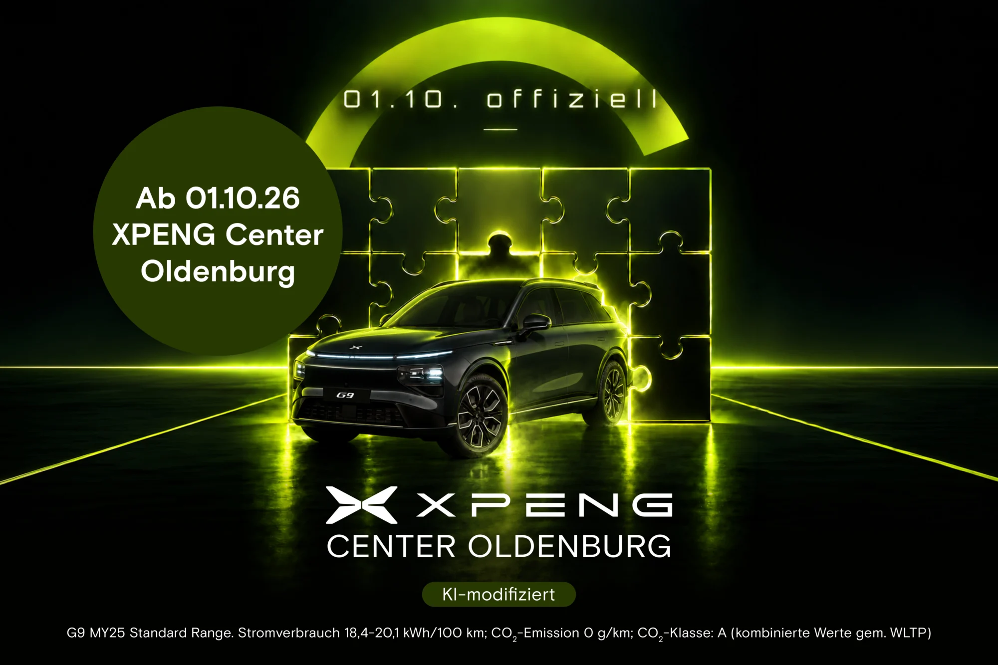 XPENG G9 vor einer Puzzlewand. Werbung für XPENG CENTER OLDENBURG
