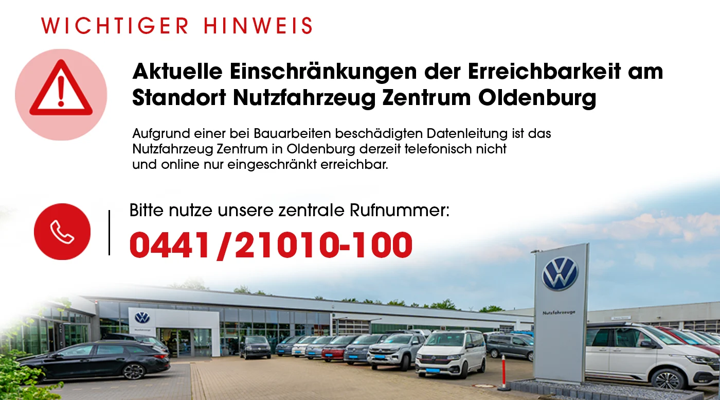 Nutzfahrzeug Zentrum Oldenburg nur eingeschränkt erreichbar. Notfallnummer 0441 21010100